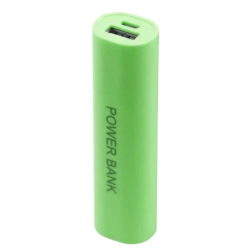 A lime green cylindrical power bank diy shell charger with usb port and power bank text for portable 18650 case