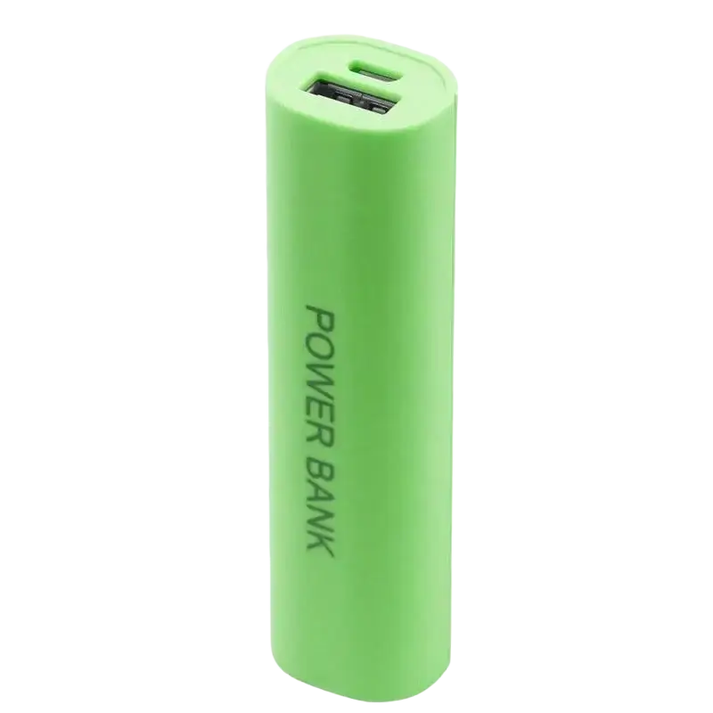 A lime green cylindrical portable 18650 power bank case diy shell charger with usb port and power bank label