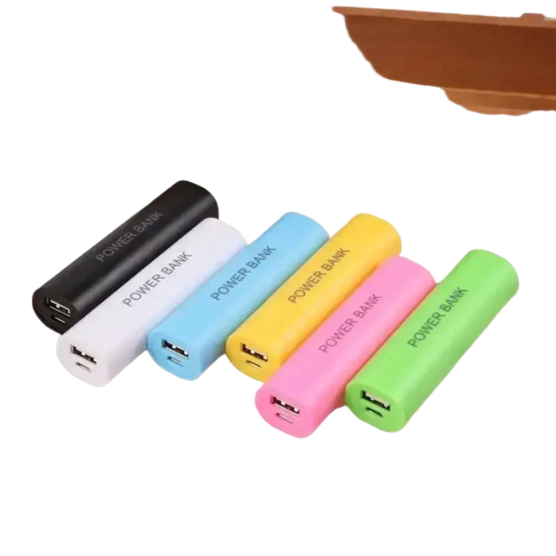 A set of colorful diy shell charger power banks in black white blue yellow pink and green plastic for portable use