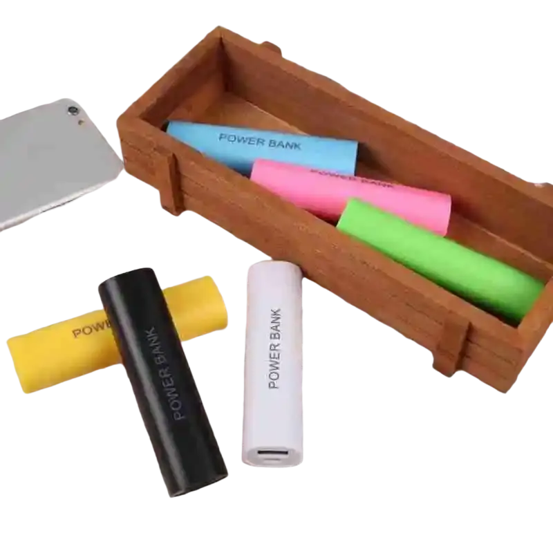 A sleek white cylindrical power bank case with usb port and power bank text for portable 18650 diy charger