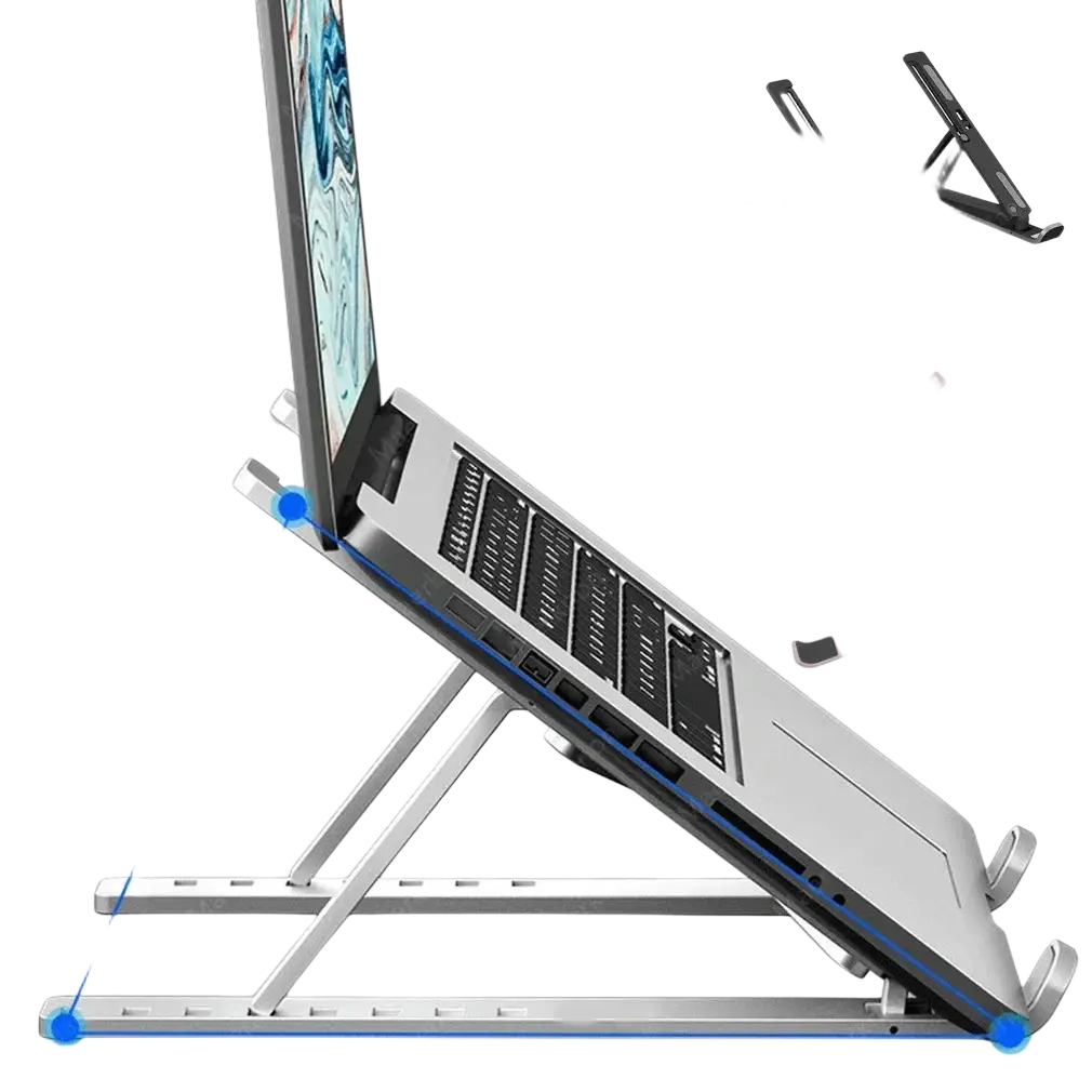 Silver aluminum laptop stand adjustable with foldable design for desk use as portable holder notebook and tablet