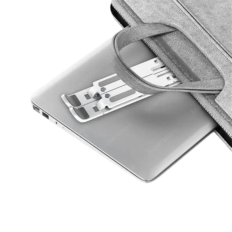 Silver metallic foldable laptop stand adjustable holder notebook with sleek minimalist design for desk and tablet use