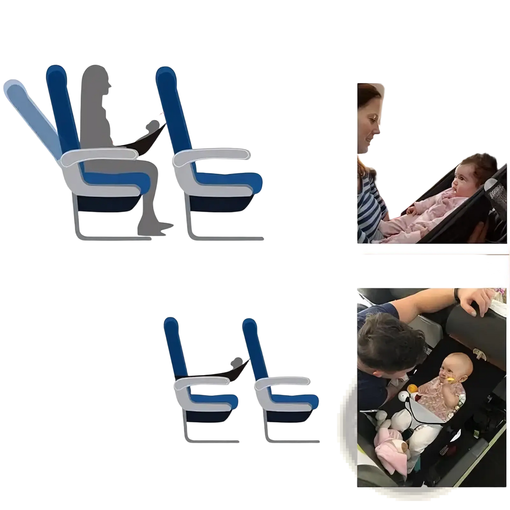 Portable airplane bed for kids and toddlers foot rest shown on a blue and gray economy class seat with adjustable armrests