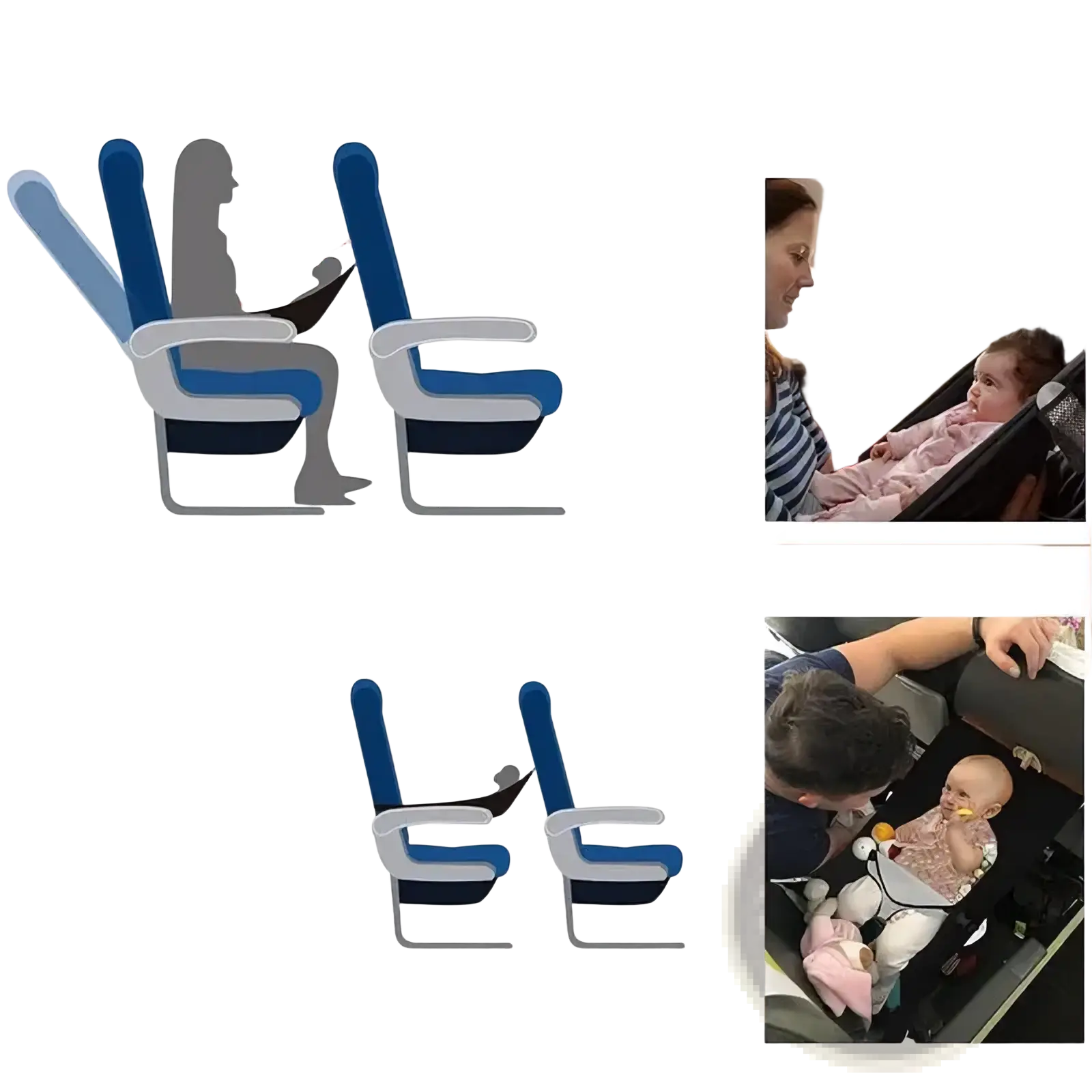Portable airplane bed for kids and toddlers foot rest shown on a blue and gray economy class seat with adjustable armrests