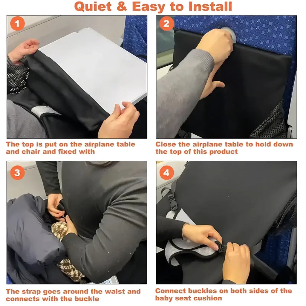 Black fabric portable airplane bed for kids and toddlers foot rest with adjustable straps and secure buckles shown from the back side