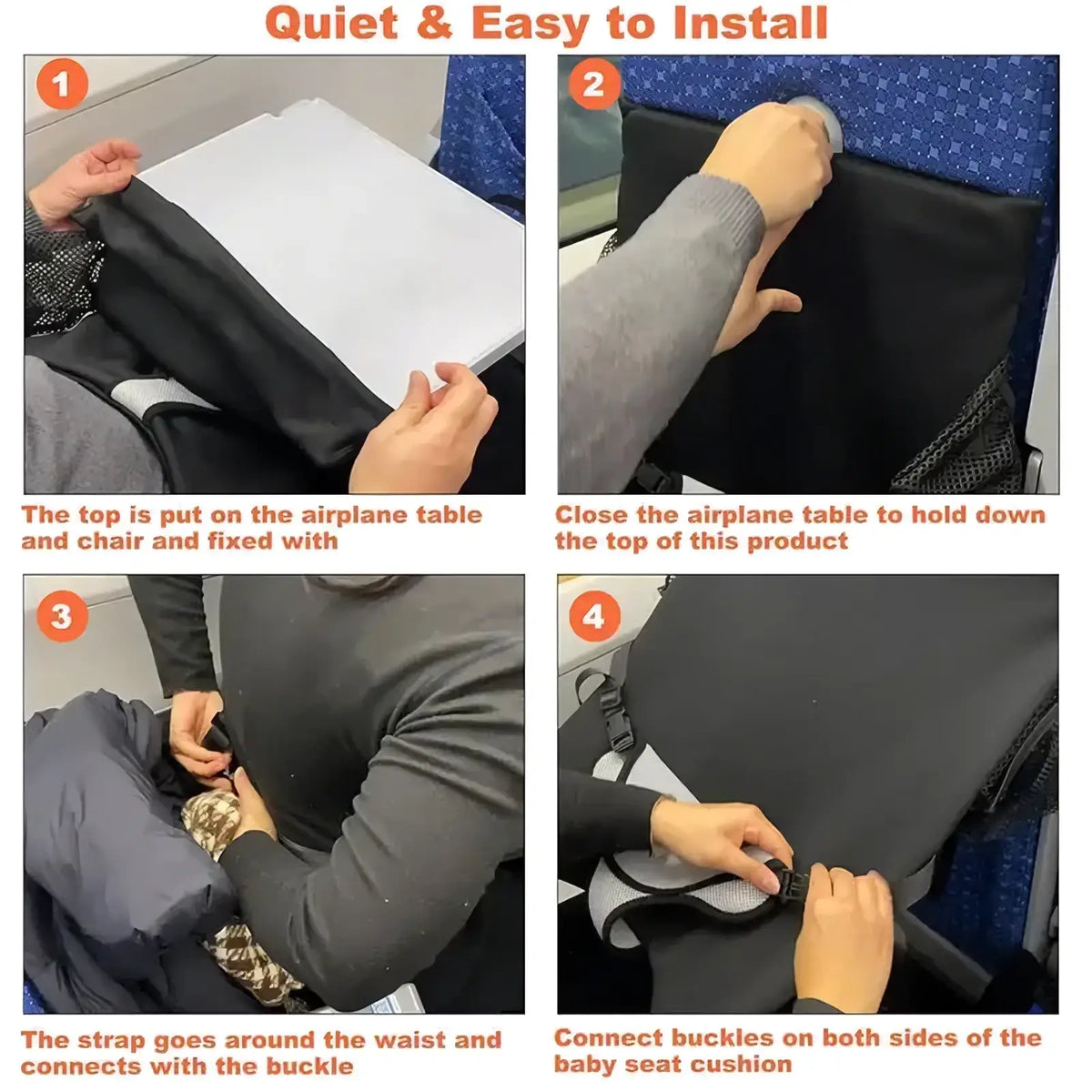 Black fabric portable airplane bed for kids and toddlers foot rest with adjustable straps and secure buckles shown from the back side