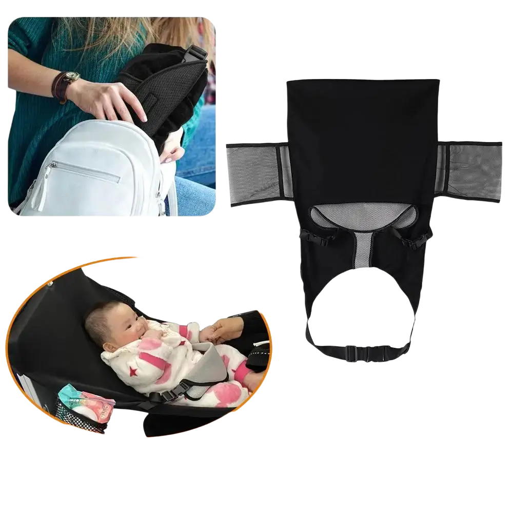 Black foldable portable airplane bed for kids with mesh panels and adjustable straps for travel use
