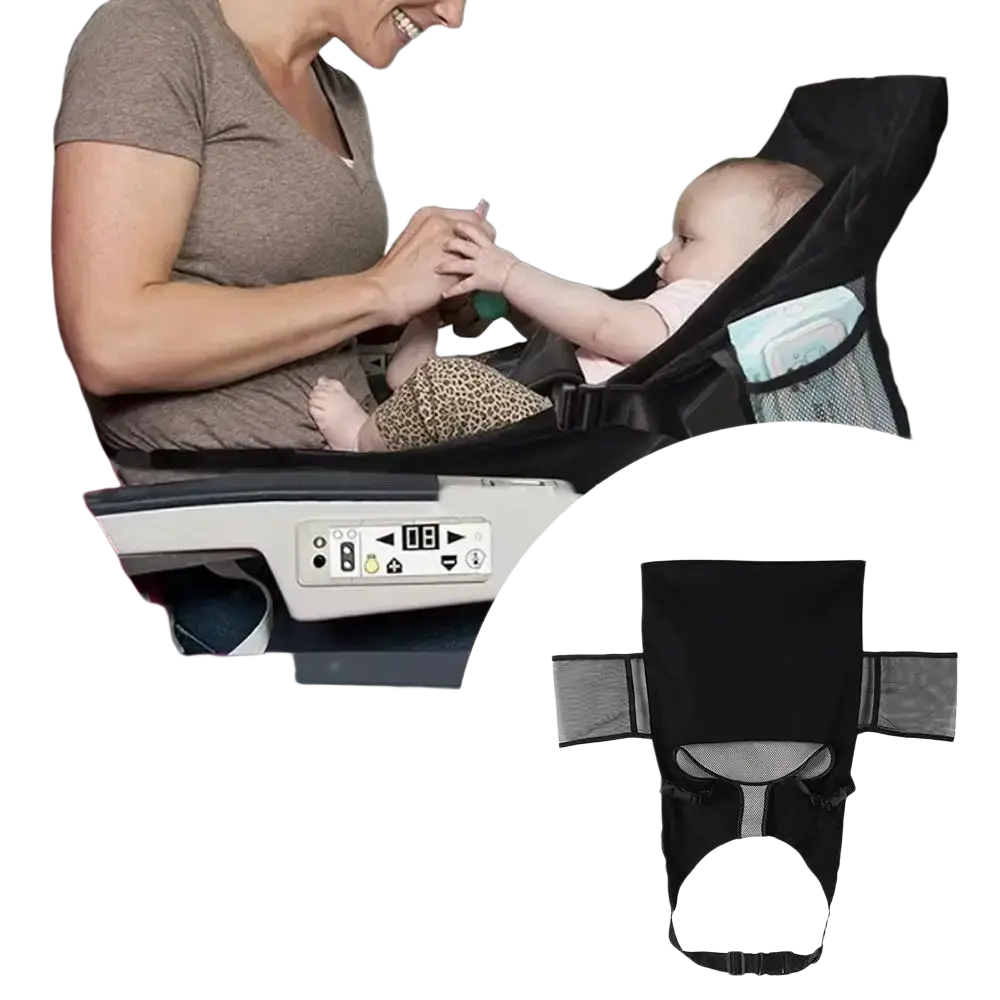 Black foldable portable airplane bed for kids with mesh panels and adjustable straps for toddler travel foot rest