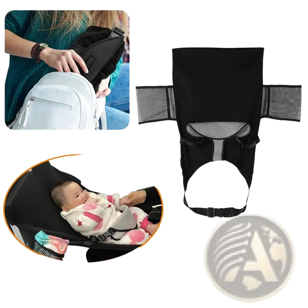 Black foldable portable airplane bed for kids with mesh panels and adjustable straps for travel use
