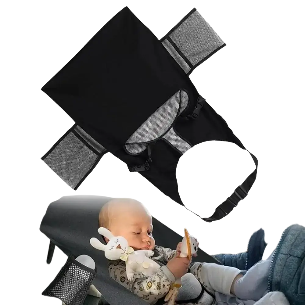 Black mesh portable airplane bed for kids and toddlers with adjustable straps and side pockets foot rest