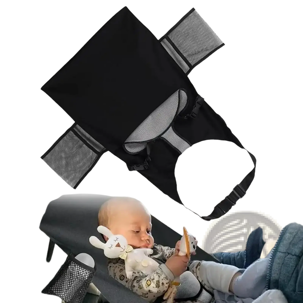 Black mesh portable airplane bed for kids and toddlers with adjustable straps and side pockets foot rest
