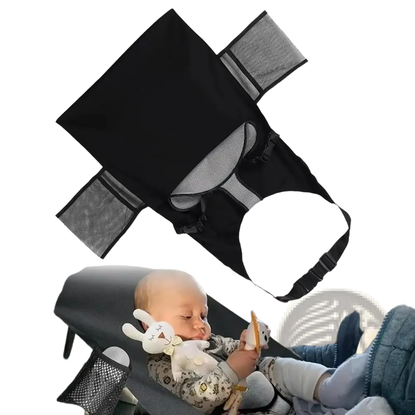 Black mesh portable airplane bed for kids and toddlers with adjustable straps and side pockets foot rest