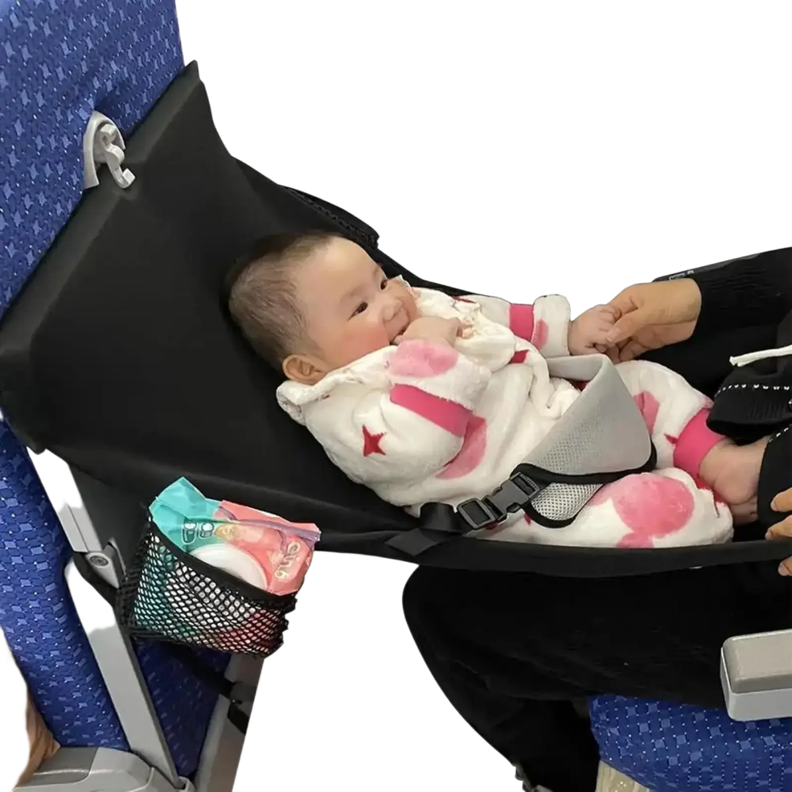 Black portable airplane bed for kids and toddlers with mesh side pocket and foot rest shown from the back side