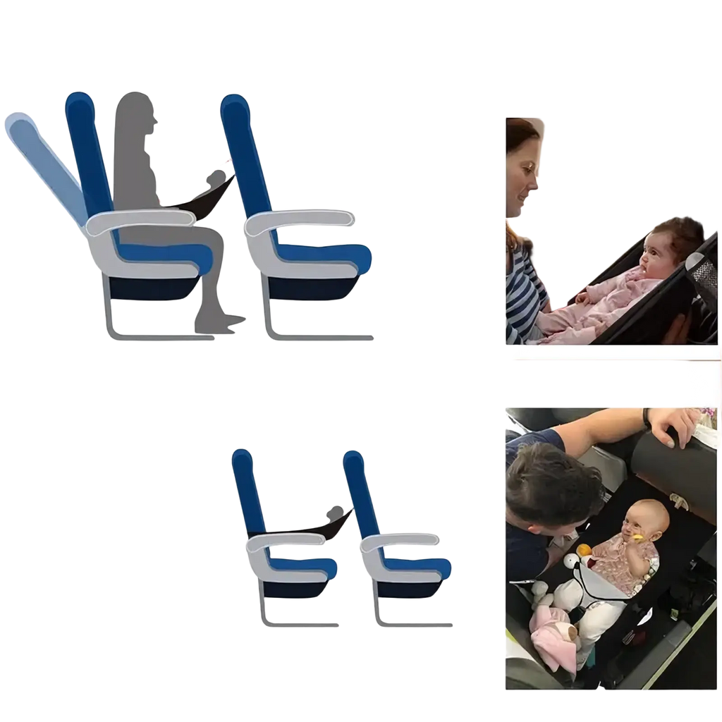 Portable airplane bed for kids and toddlers foot rest shown on a blue and gray economy class seat with adjustable armrests