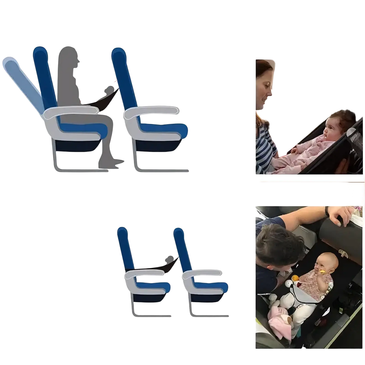 Portable airplane bed for kids and toddlers foot rest shown on a blue and gray economy class seat with adjustable armrests