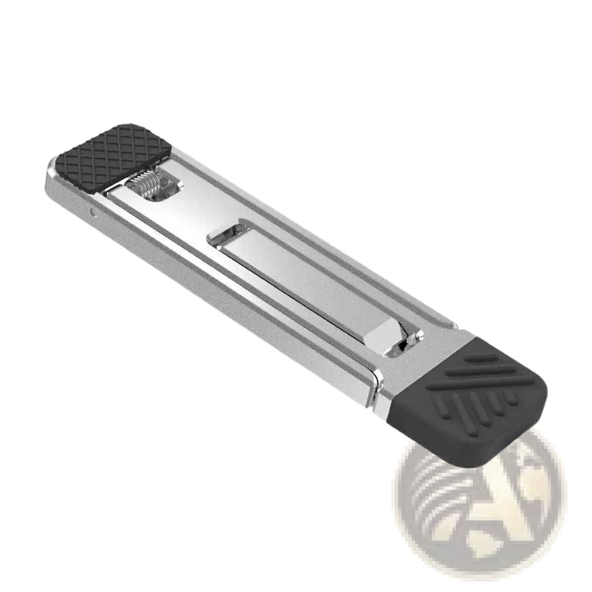 Portable aluminum folding laptop stand in silver metallic with black rubberized feet and textured grip surfaces