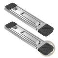Silver metal door stoppers with black rubberized ends featured on the portable aluminum folding laptop stand