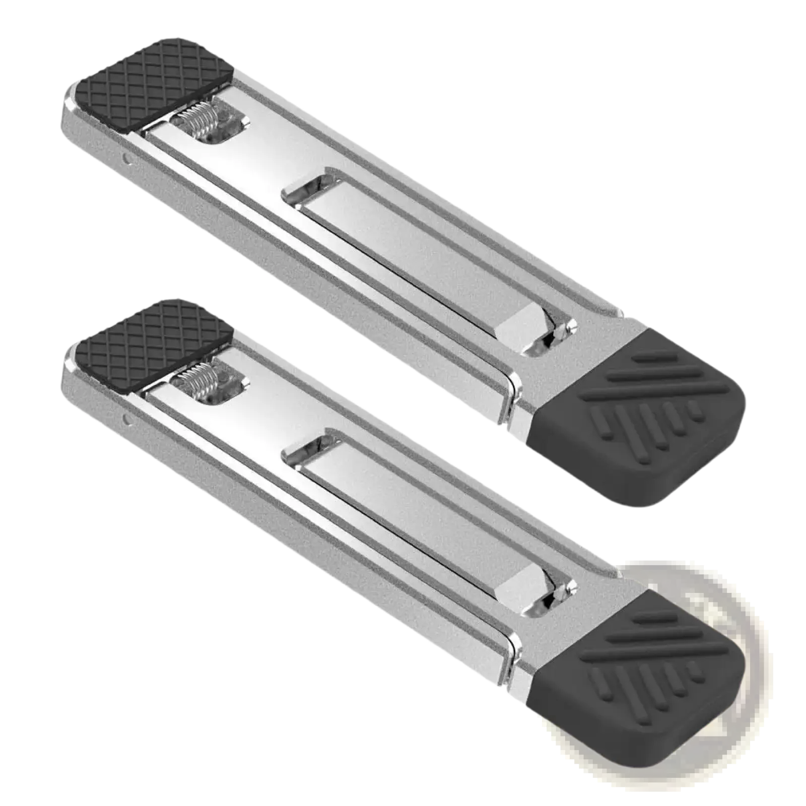 Silver metal door stoppers with black rubberized ends featured on the portable aluminum folding laptop stand