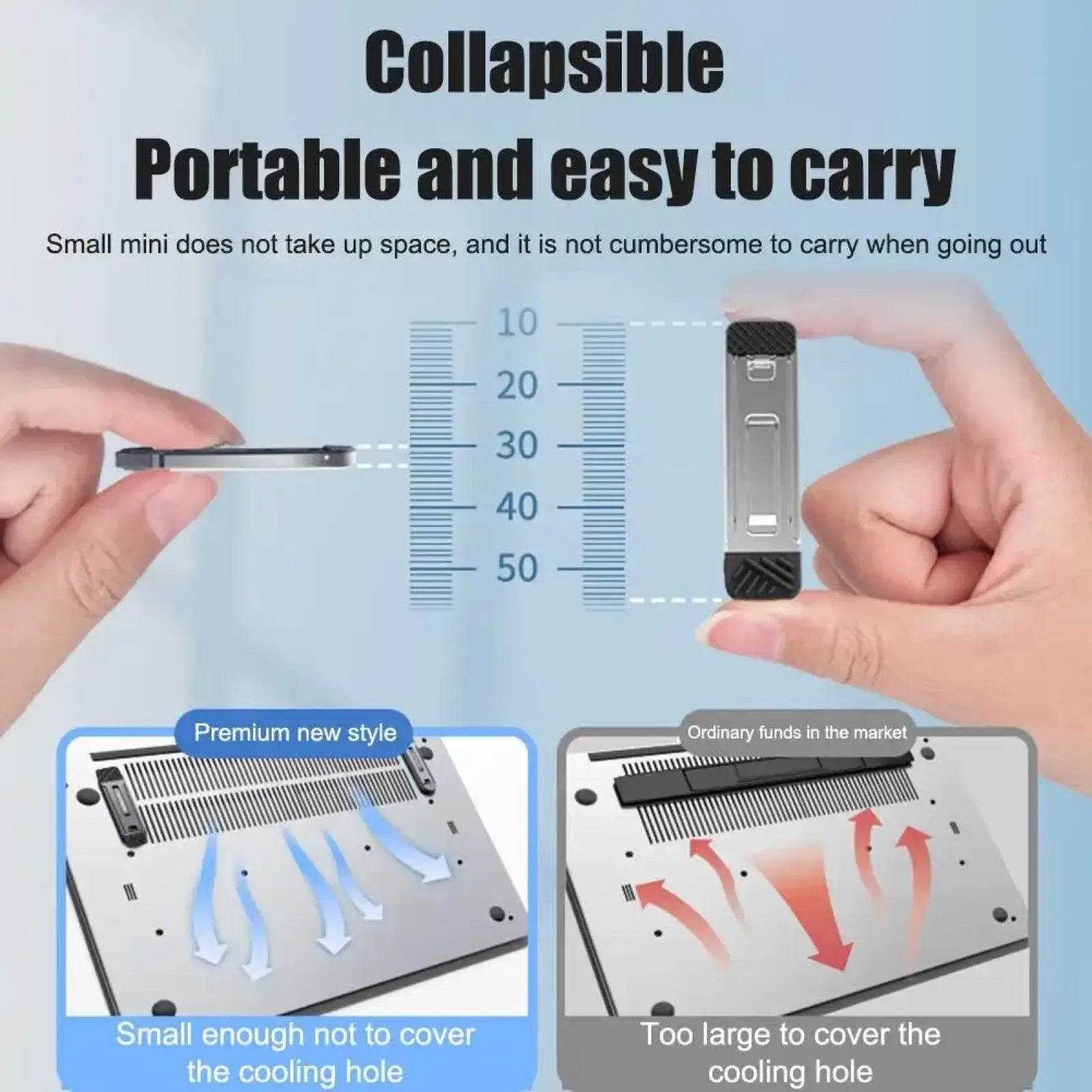Portable aluminum folding laptop stand with compact collapsible design silver metallic body and black textured caps