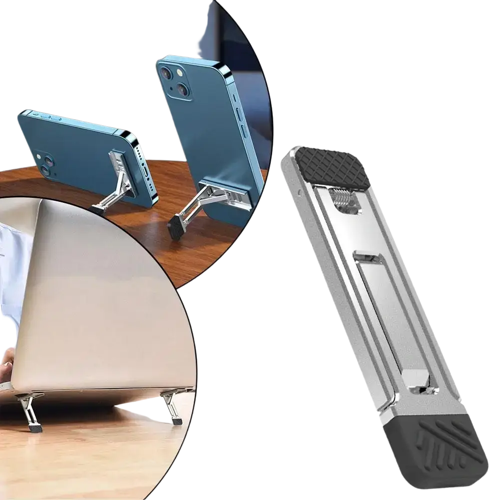 Silver and black portable aluminum folding laptop stand with textured grip base for stable cooling and support