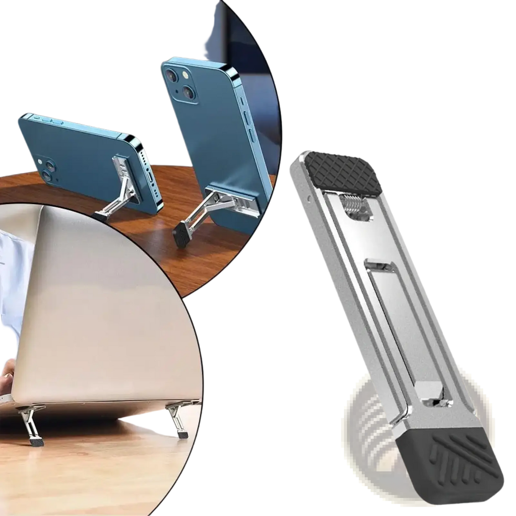 Silver and black portable aluminum folding laptop stand with textured grip base for stable cooling and support