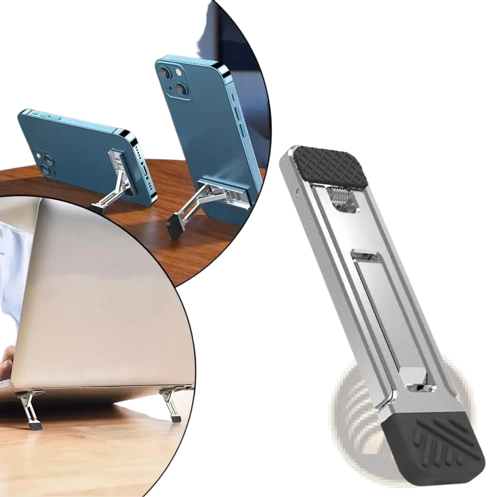 Silver and black portable aluminum folding laptop stand with textured grip base for stable cooling and support