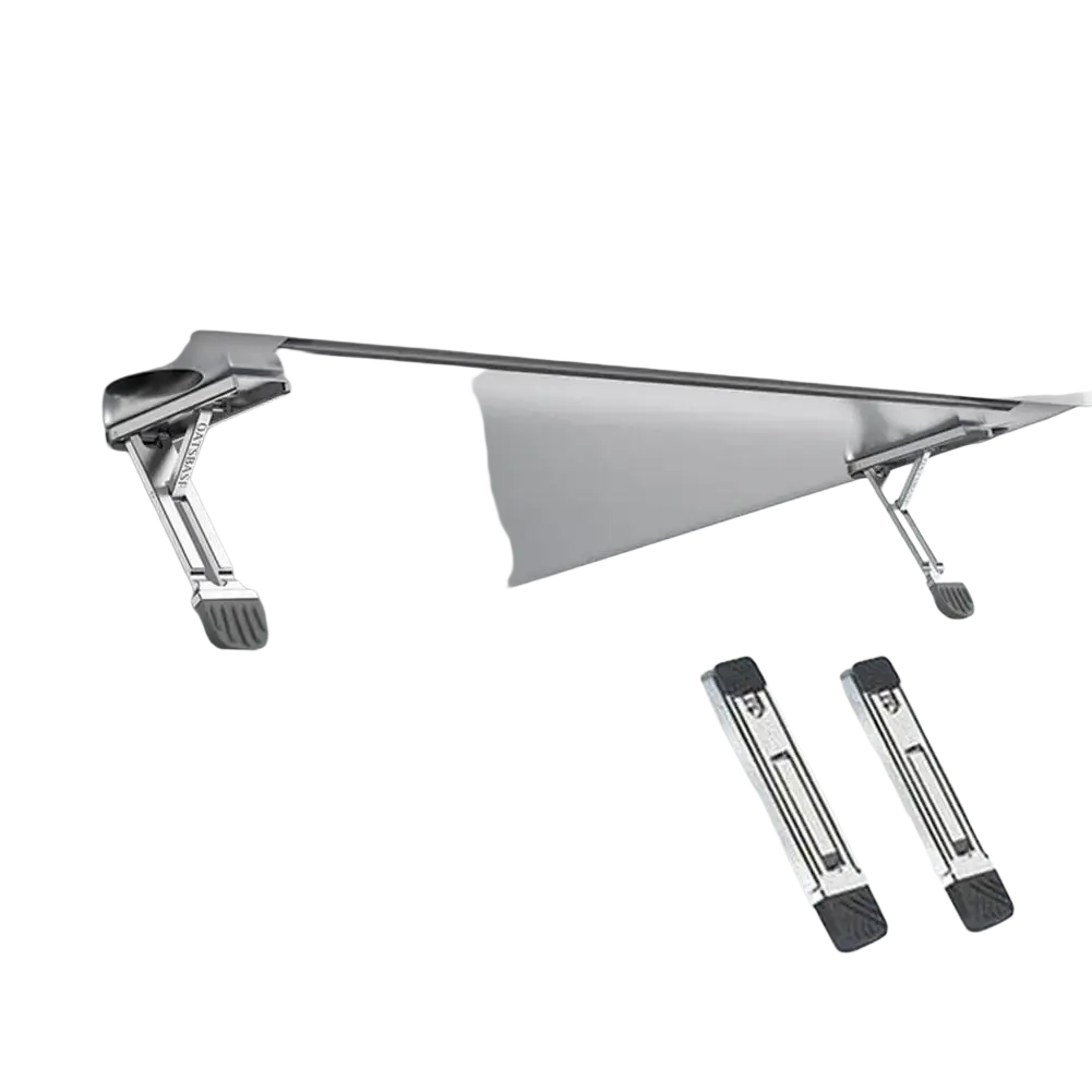 Portable aluminum folding laptop stand in silver with black rubberized feet and a sleek foldable design
