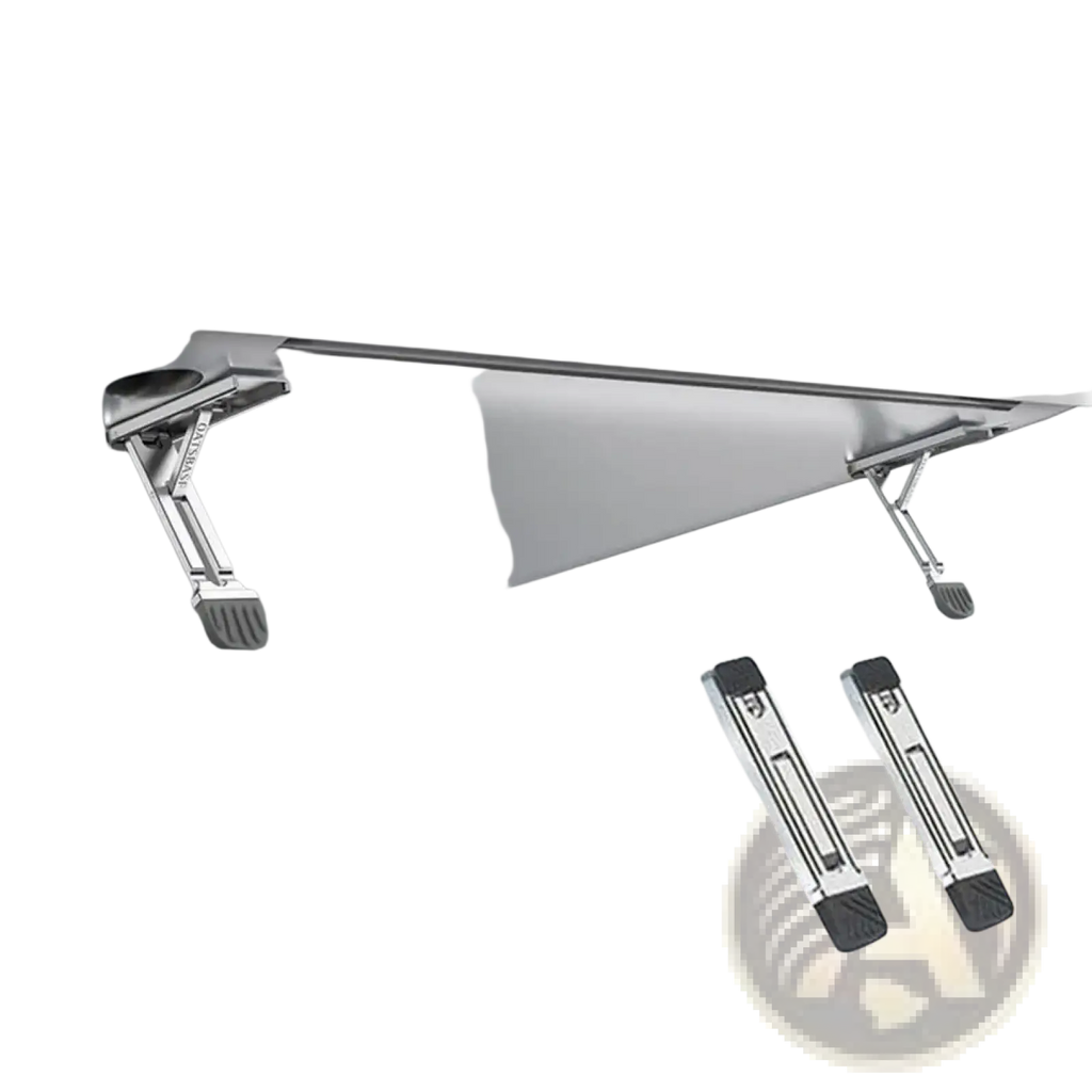 Portable aluminum folding laptop stand in silver with black rubberized feet and a sleek foldable design