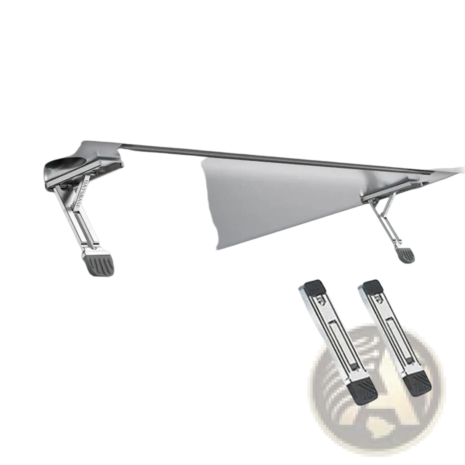 Portable aluminum folding laptop stand in silver with black rubberized feet and a sleek foldable design