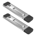Silver metal door stoppers with black rubberized ends featured on the portable aluminum folding laptop stand