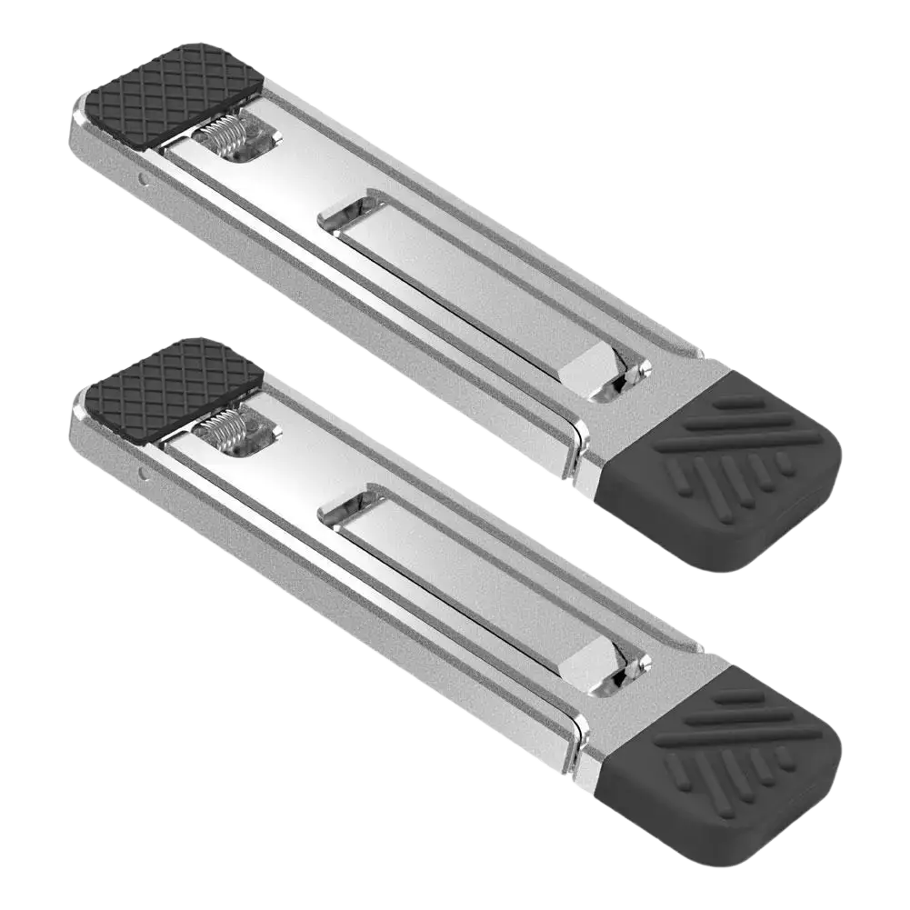 Silver metal door stoppers with black rubberized ends featured on the portable aluminum folding laptop stand