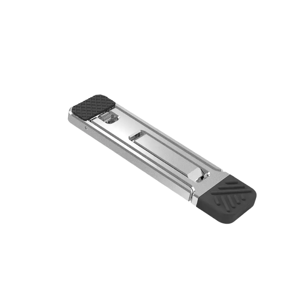 Portable aluminum folding laptop stand foot pedal in silver metal with black rubberized grips on both ends