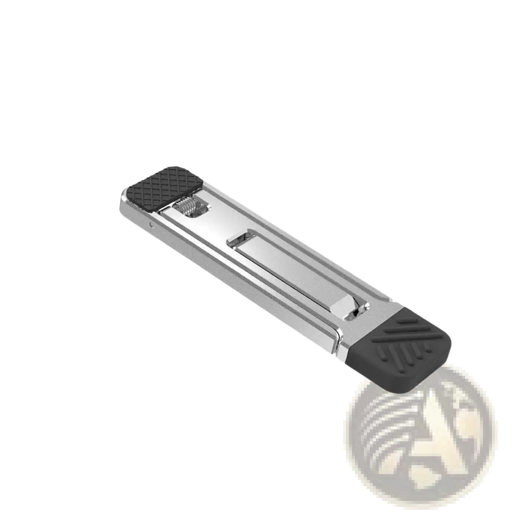 Portable aluminum folding laptop stand foot pedal in silver metal with black rubberized grips on both ends