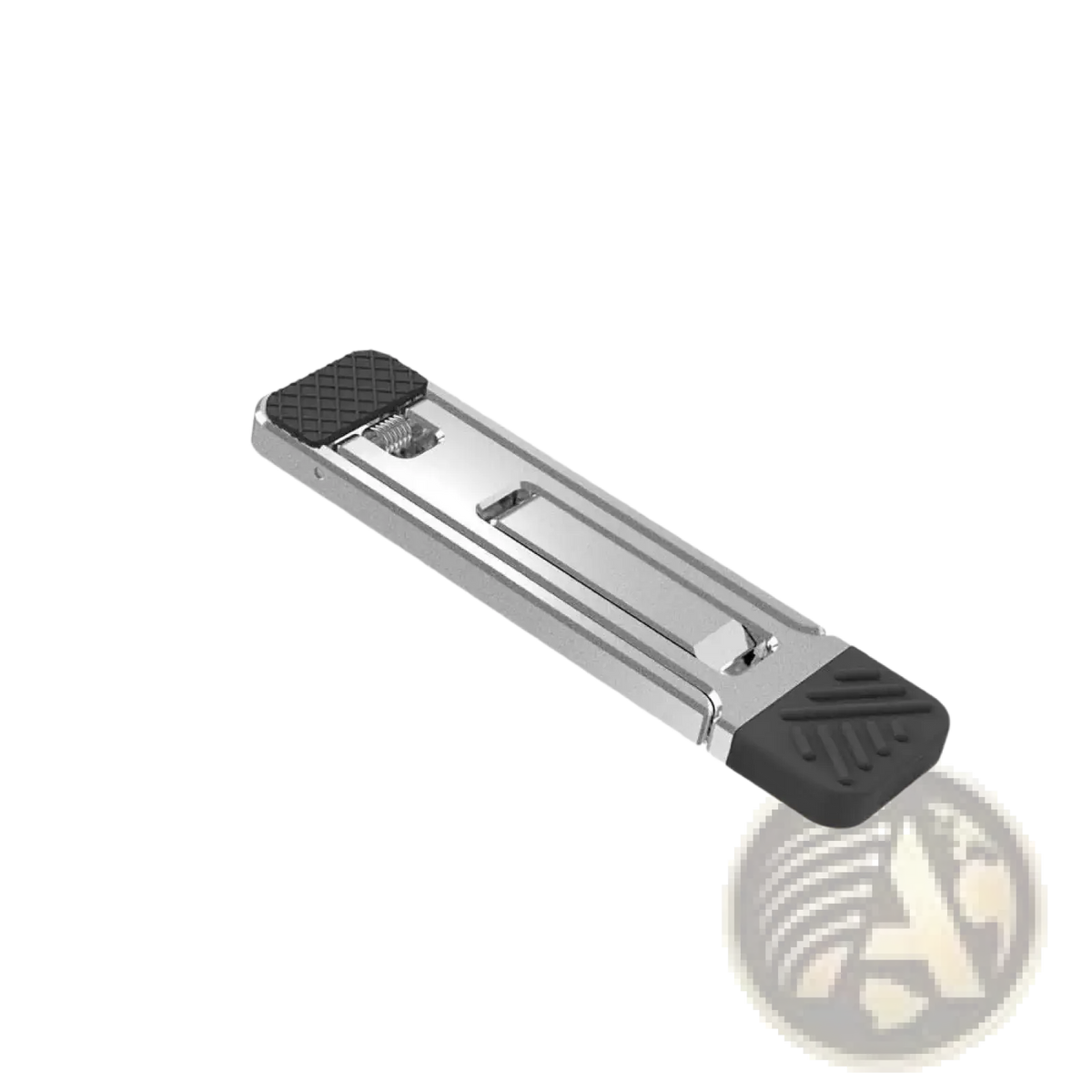 Portable aluminum folding laptop stand foot pedal in silver metal with black rubberized grips on both ends