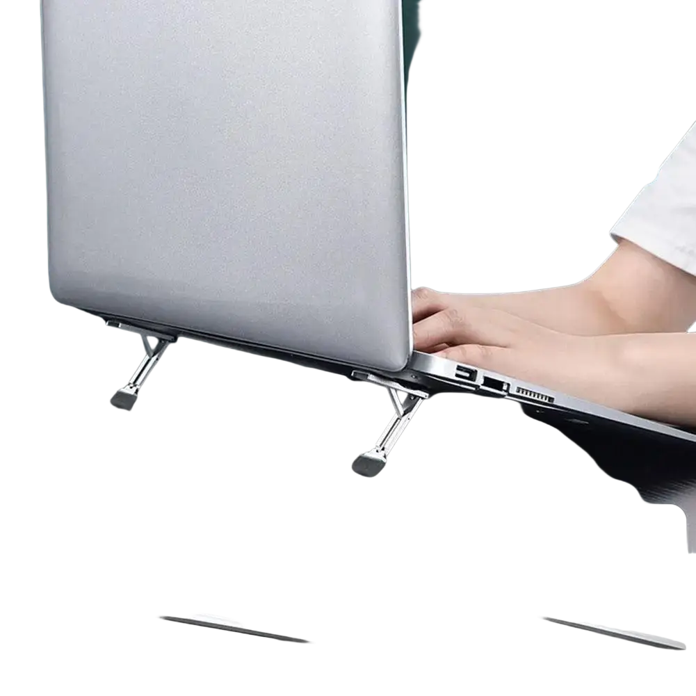 Silver metallic portable aluminum folding laptop stand with adjustable height and angle for ergonomic use