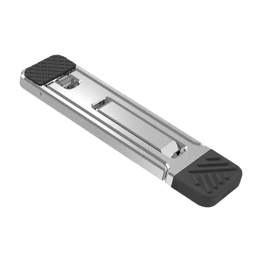 Portable aluminum folding laptop stand in silver metallic with black rubberized feet and textured grip surfaces