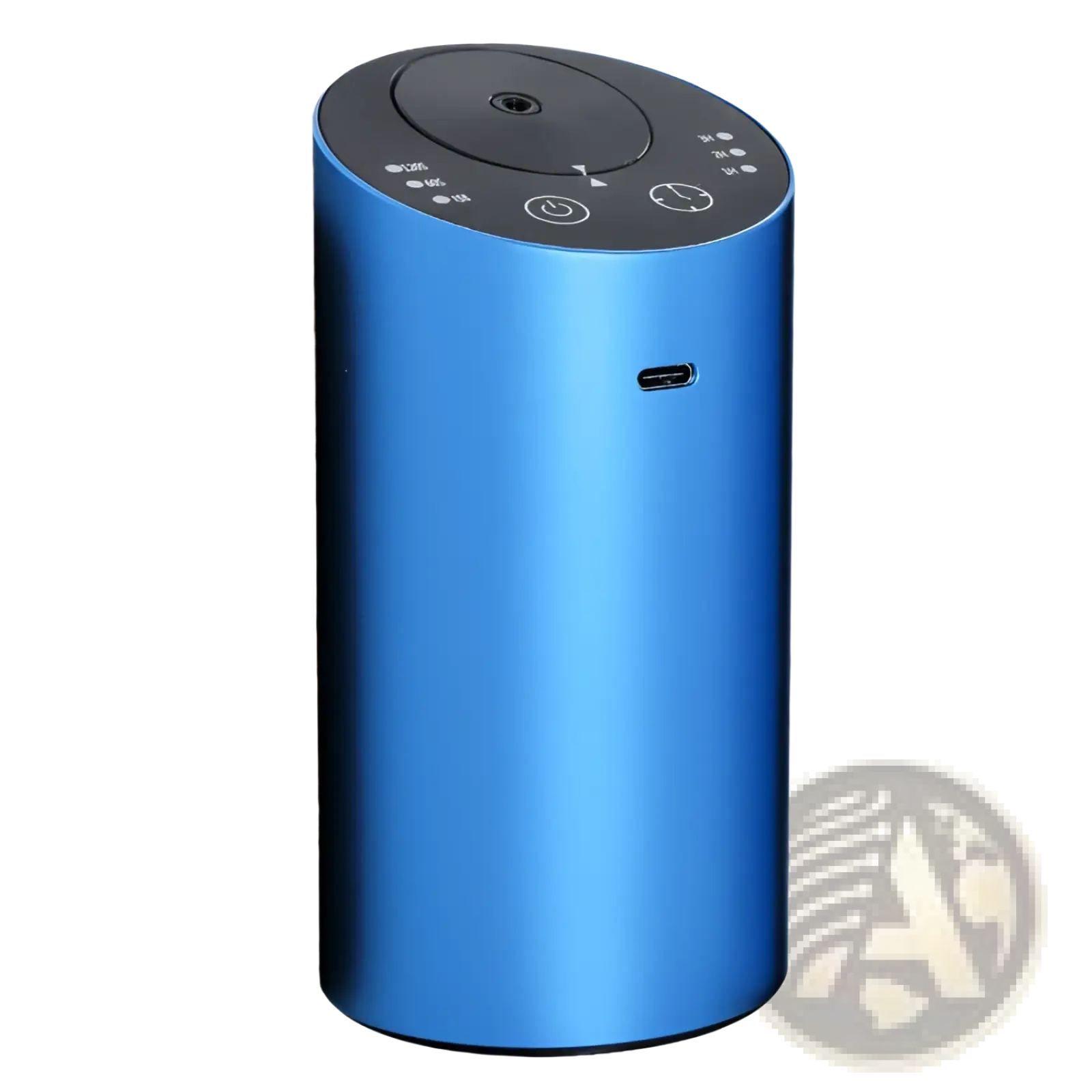 Blue cylindrical portable aroma diffuser with black control panel and usb-c port for wireless car humidifier use