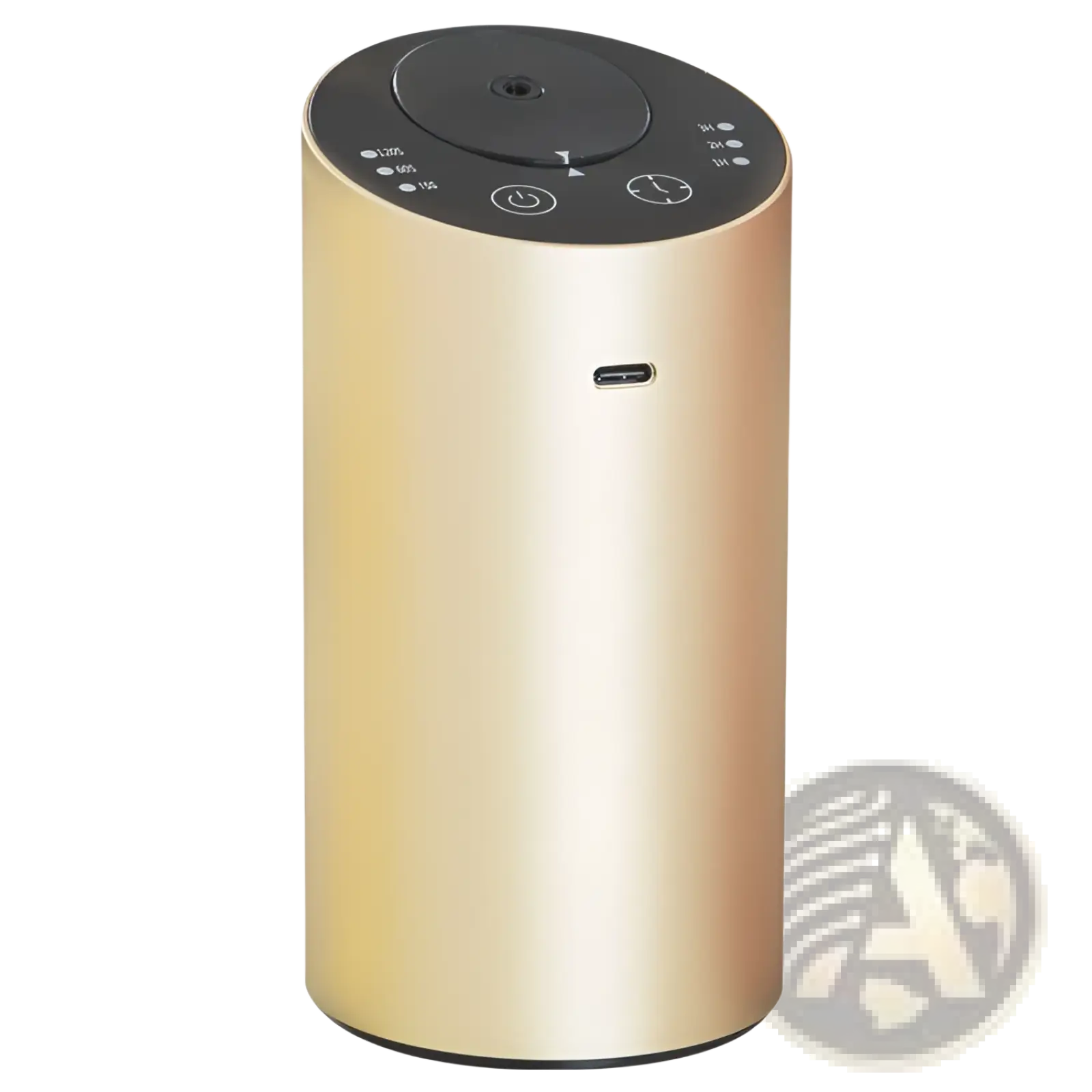 Gold-colored cylindrical portable aroma diffuser with black top control buttons and usb-c port for wireless car humidifier use
