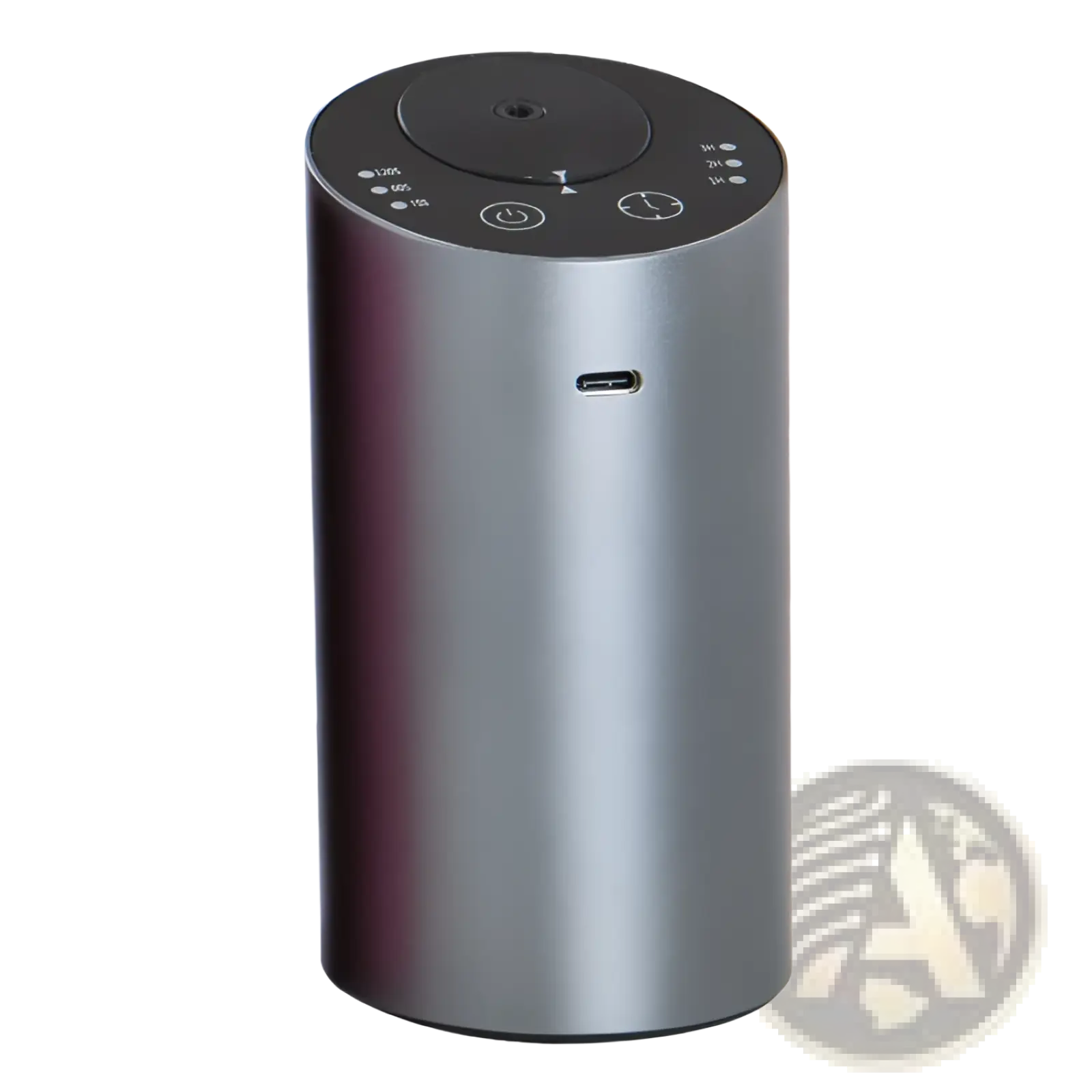 A sleek gray cylindrical portable aroma diffuser usb wireless car humidifier with a black control panel and buttons