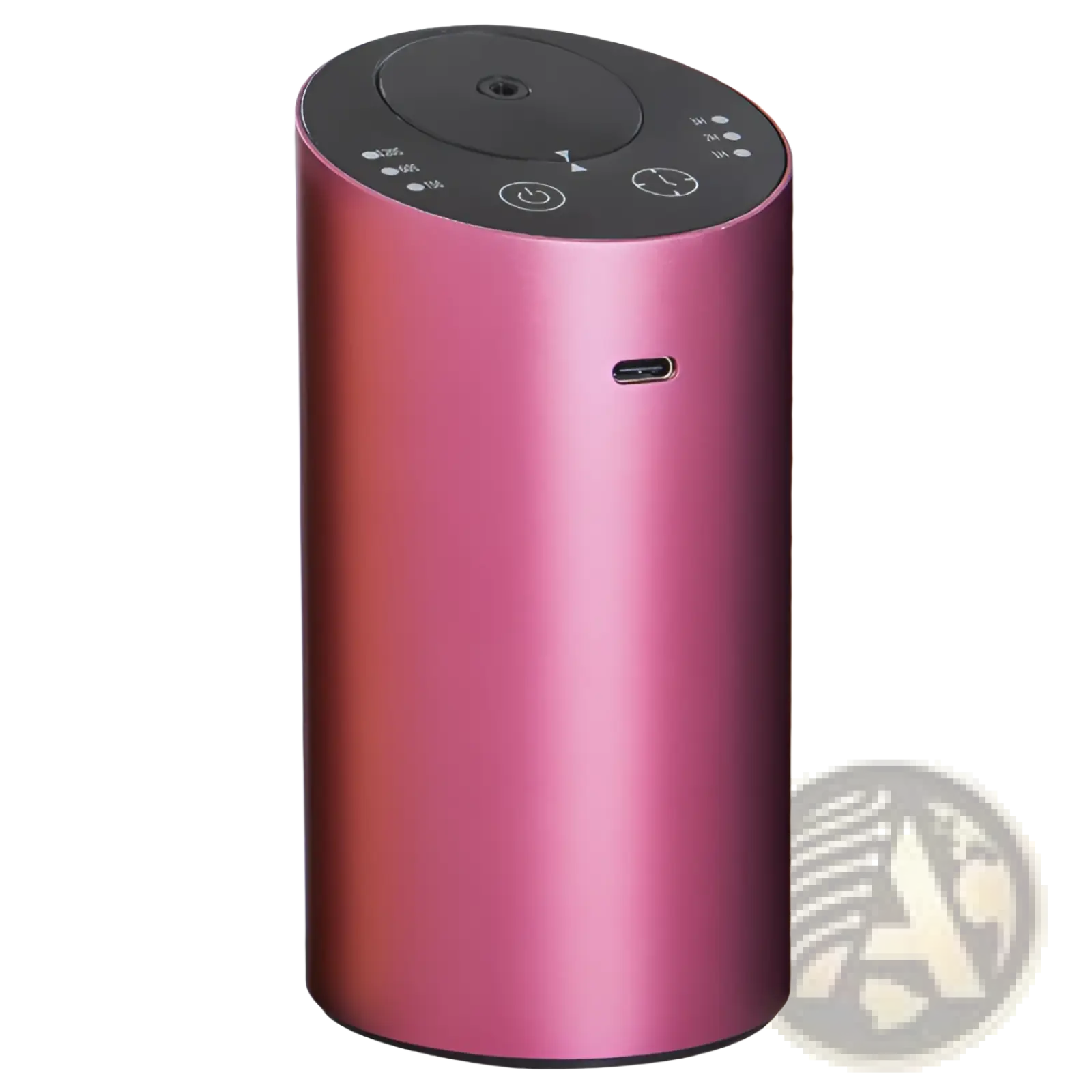 Pink cylindrical portable aroma diffuser usb wireless car humidifier with black top control buttons and usb-c port