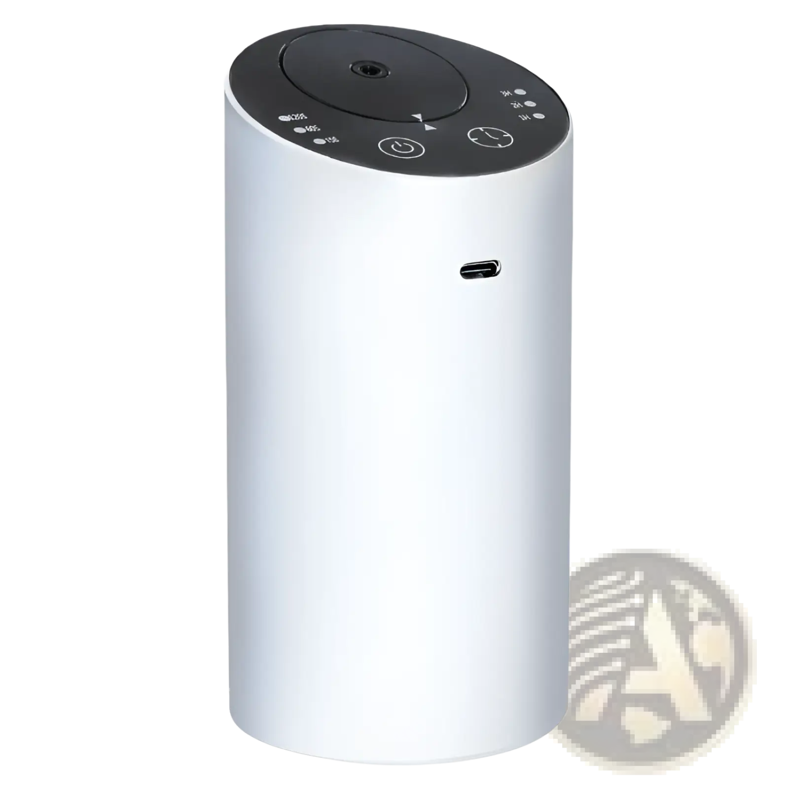 White cylindrical portable aroma diffuser usb wireless car humidifier with black circular top and control buttons