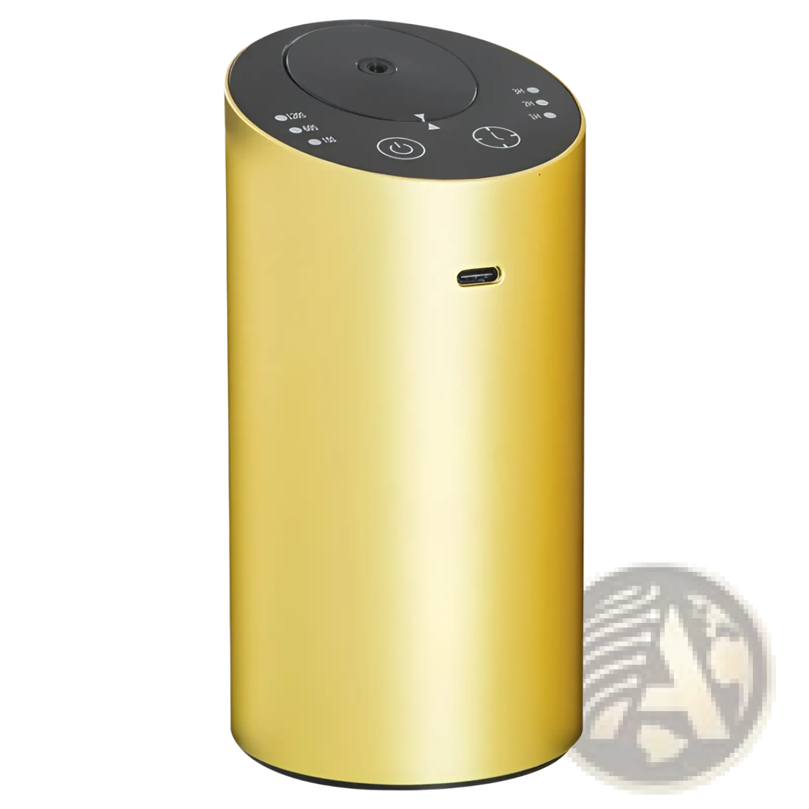 Gold-colored cylindrical portable aroma diffuser usb wireless car humidifier with black control panel buttons and indicators