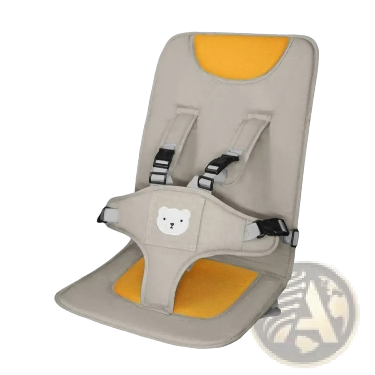Beige and yellow portable baby car seat booster cushion with a white bear face patch for added comfort and support
