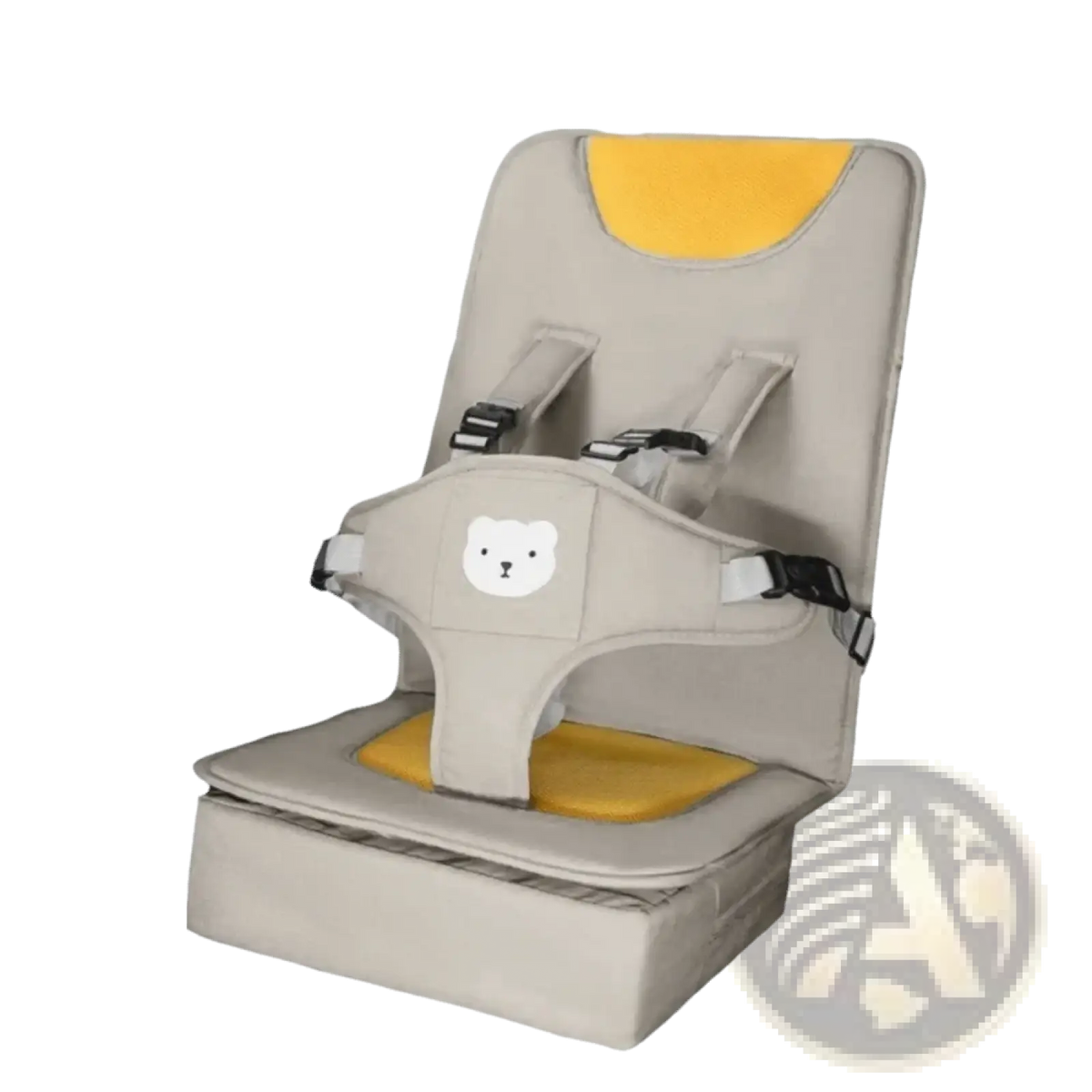 Portable baby car seat booster cushion in beige and yellow with a white bear face patch for child comfort and safety