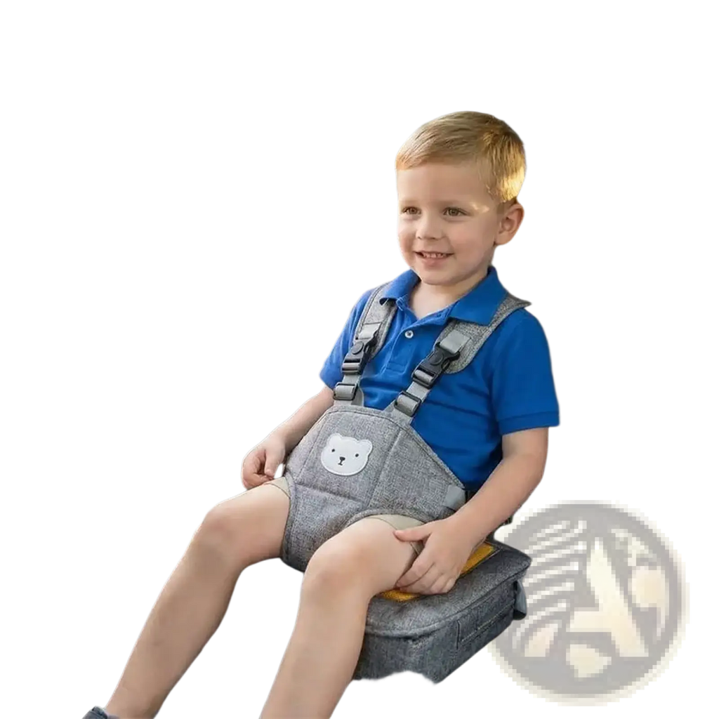 Gray fabric portable baby car seat booster cushion with yellow accents and a white bear face patch