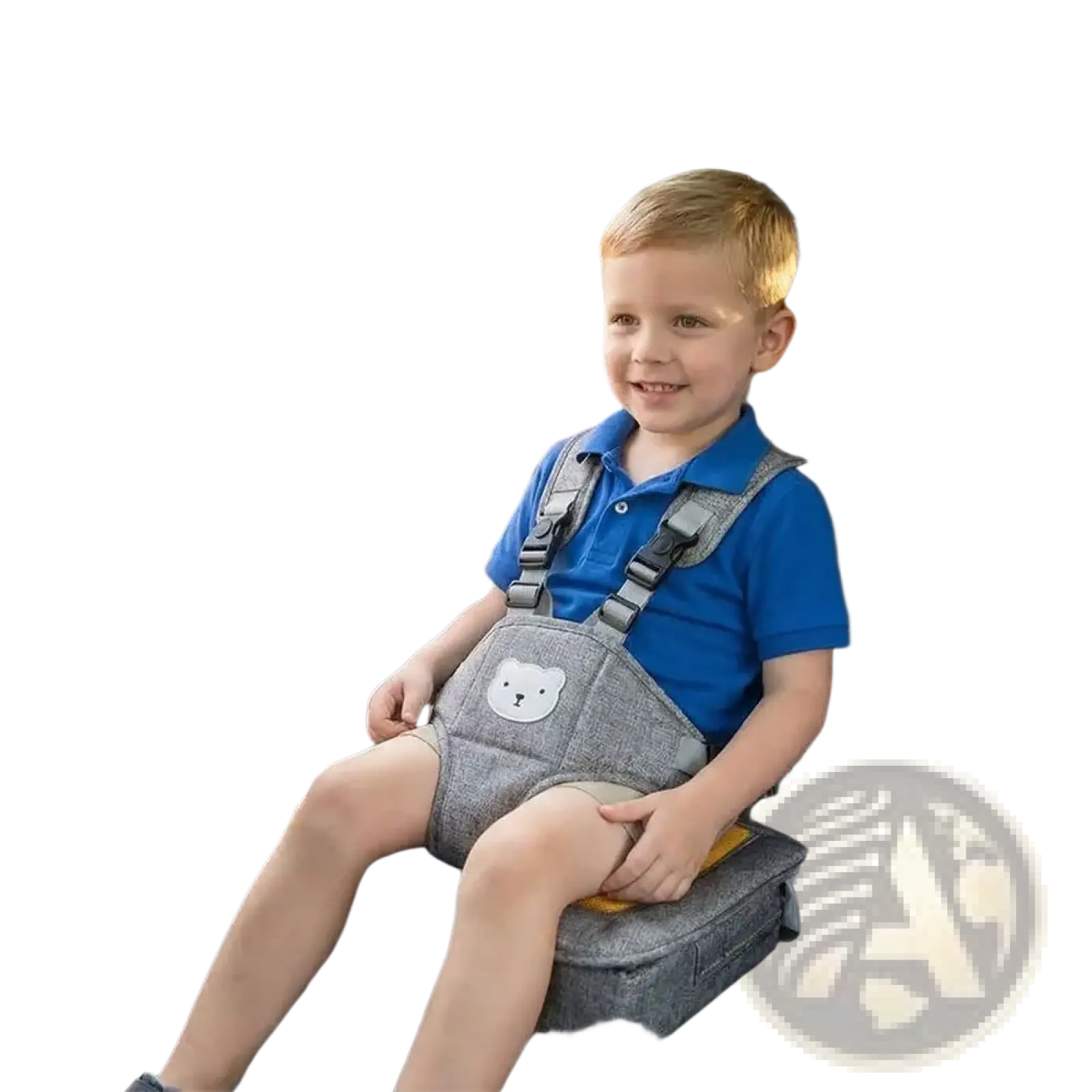 Gray fabric portable baby car seat booster cushion with yellow accents and a white bear face patch