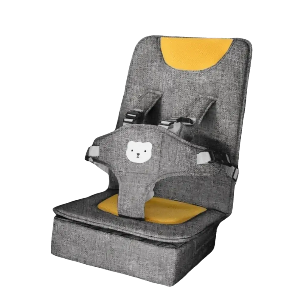 Gray fabric portable baby car seat booster cushion with yellow accents and white bear face patch on front side