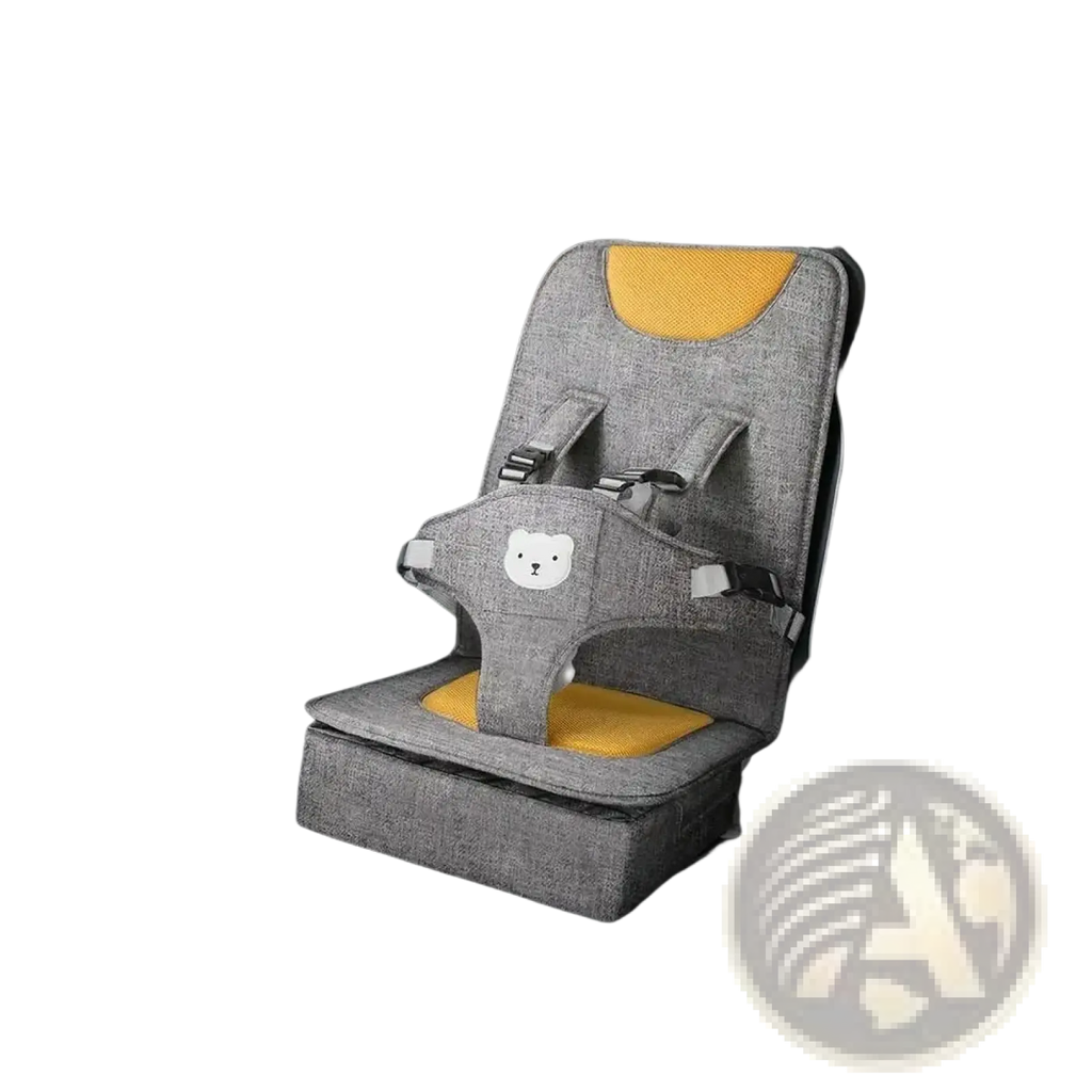 Portable baby car seat booster cushion in gray fabric with yellow accents and a white bear face design