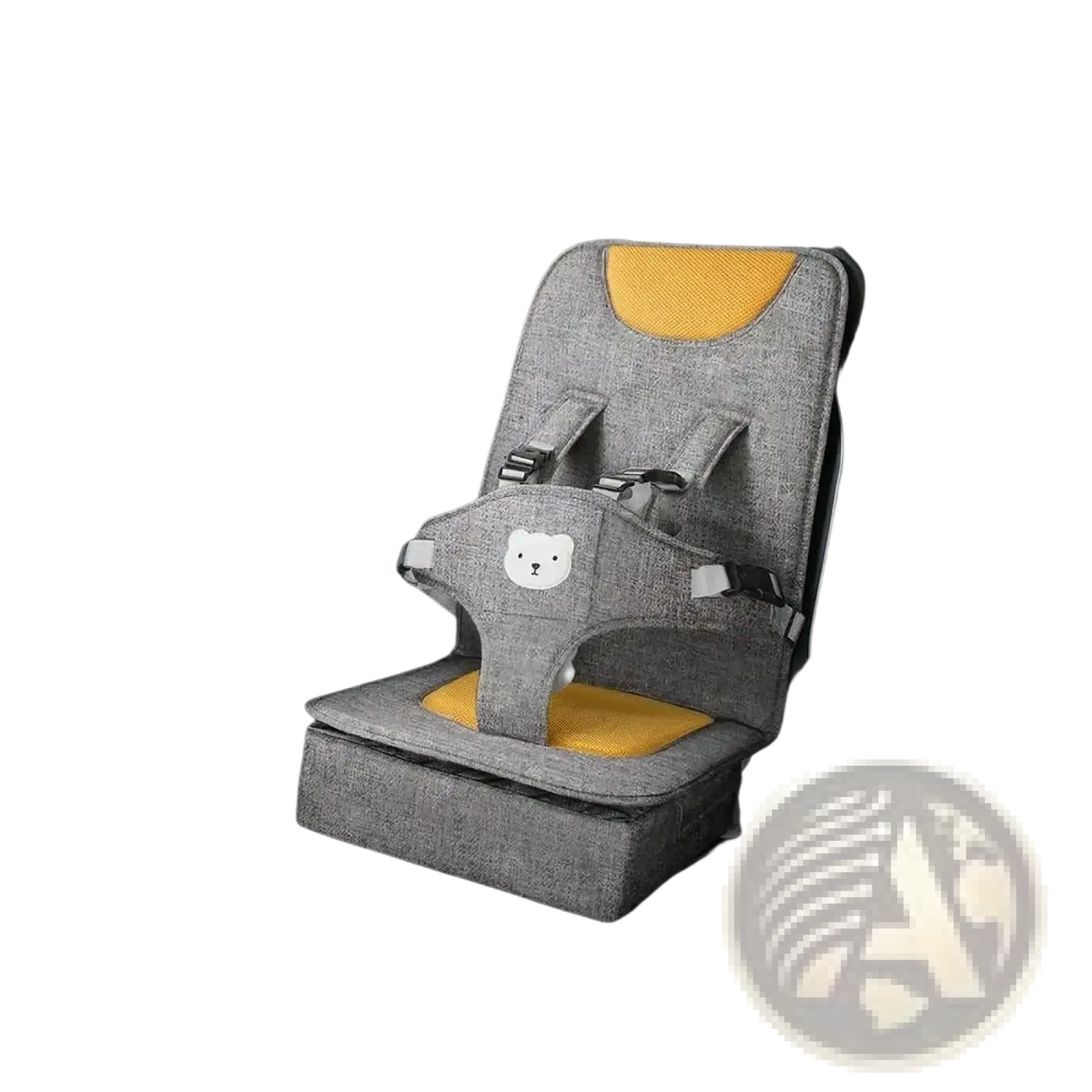 Portable baby car seat booster cushion in gray fabric with yellow accents and a white bear face design