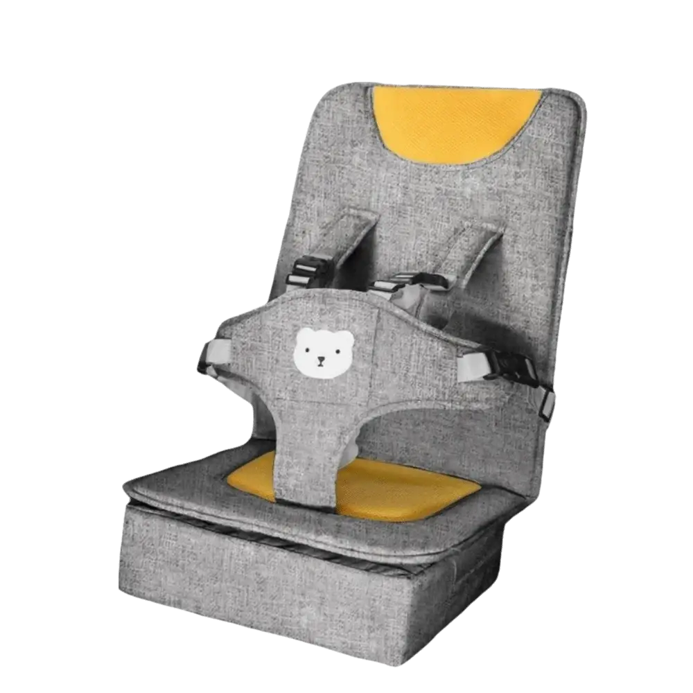 Portable baby car seat booster cushion in gray fabric with yellow accents and a white bear face design